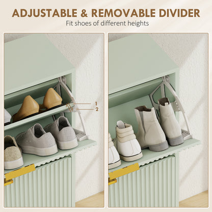 Narrow Shoe Cabinet with 2 Flip Drawers, Modern Slim Shoe Storage Cabinet with Fluted Doors and Adjustable Shelves for Hallway, Holds 6-12 Pairs, Light Green