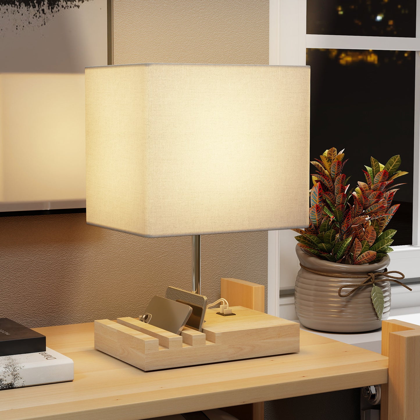 Table Lamp with 3 Slots, Bedside Lamp with Solid Wood Base, White
