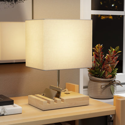 Table Lamp with 3 Slots, Bedside Lamp with Solid Wood Base, White