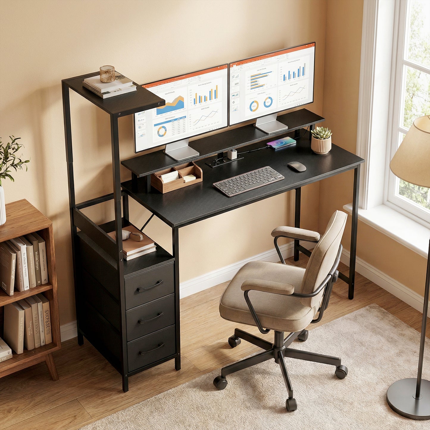 147cm Gaming Desk with Charging Station and RGB Lights, Black