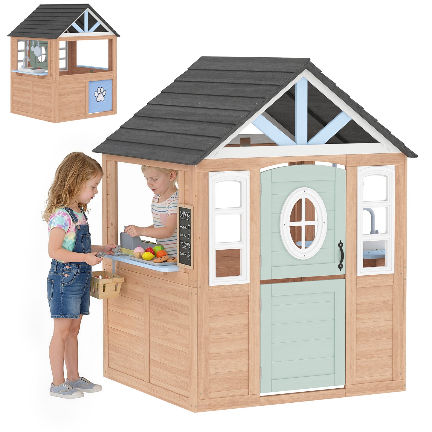Playhouse for Kids, Wooden Wendy House with Pet Door, Play Kitchen, Half Door and Windows for Indoor Outdoor Pretend Play Fun, Ages 2+, Natural Wood