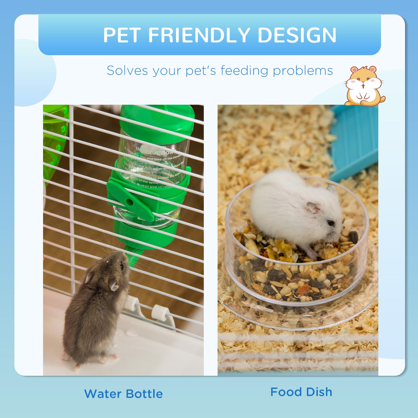 Hamster Cage with Tubes Tunnel 3 Level Rodent House with Exercise Wheel, Water Bottle, Food Dish, Ramp, Hut 59 x 36 x 47 cm- Blue