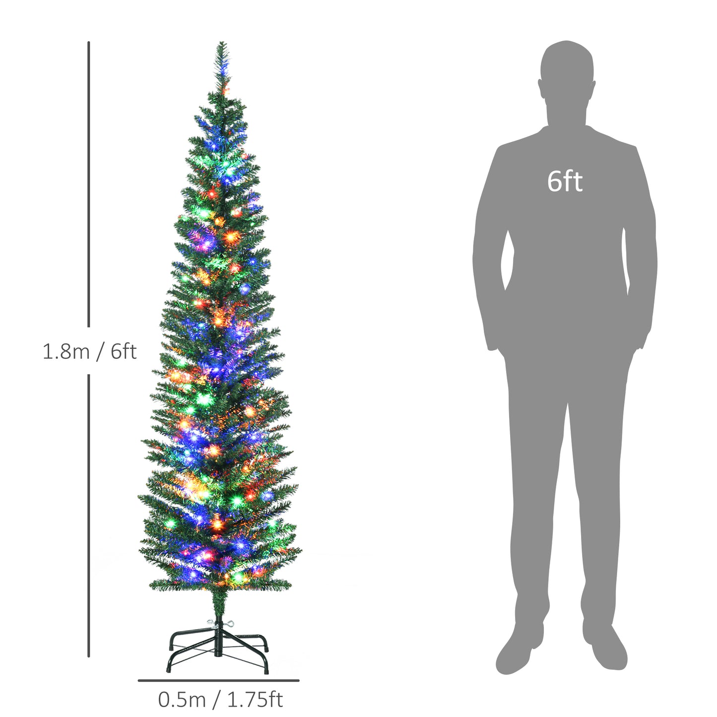6ft Artificial Pencil Christmas Tree with Colourful Lights, Steel Base