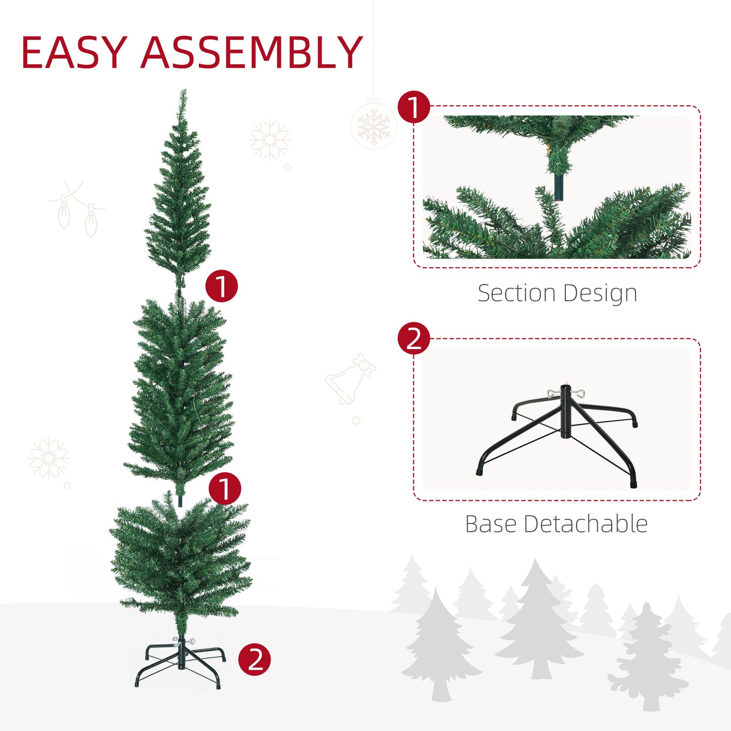 6ft Artificial Pencil Christmas Tree with Colourful Lights, Steel Base