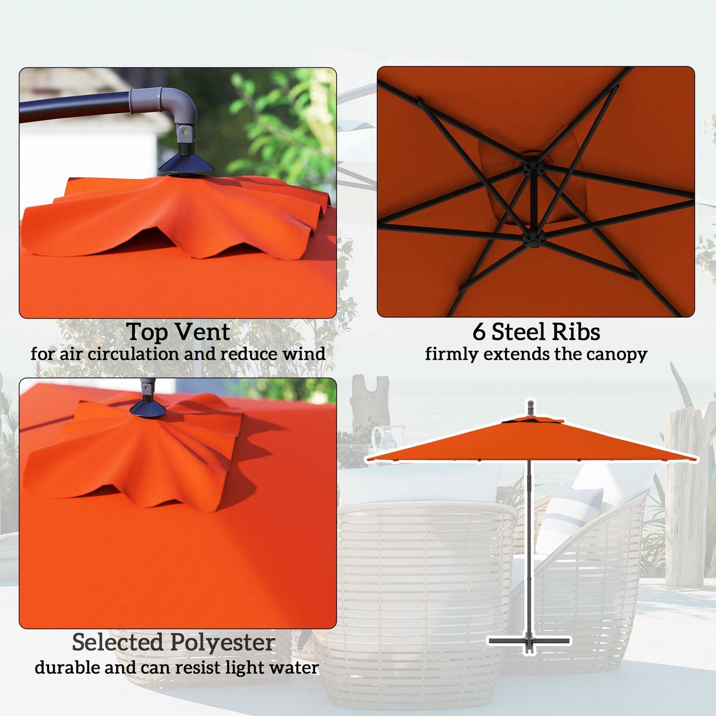 3 m Cantilever Parasol with Cross Base, Crank Handle, Orange