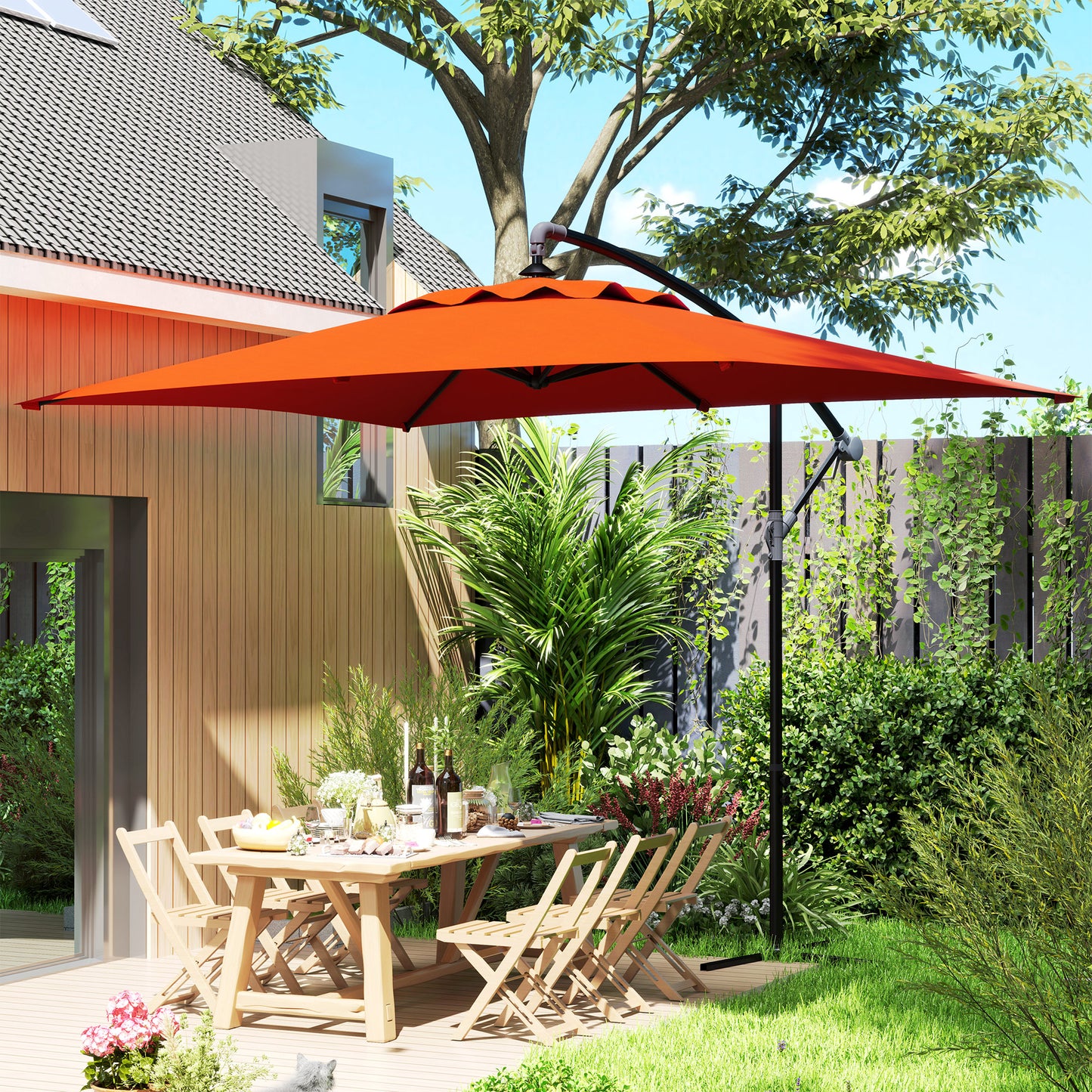 3 m Cantilever Parasol with Cross Base, Crank Handle, Orange