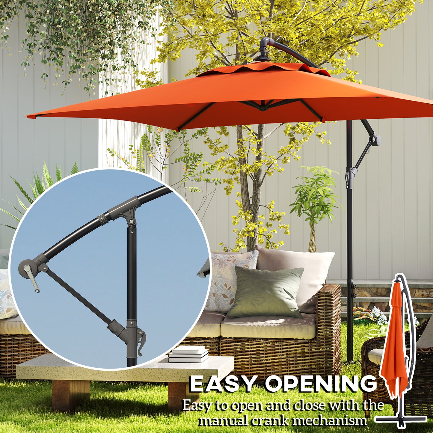 3 m Cantilever Parasol with Cross Base, Crank Handle, Orange