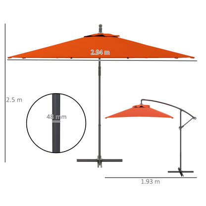3 m Cantilever Parasol with Cross Base, Crank Handle, Orange