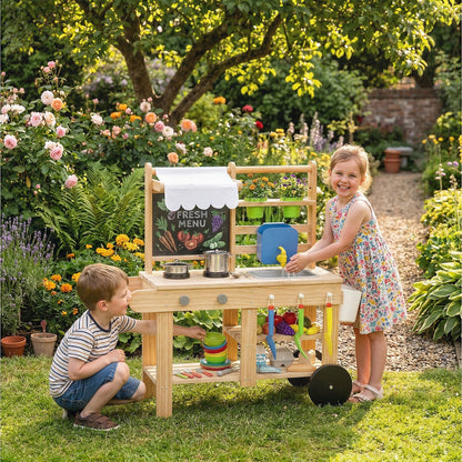 Mud Kitchen with Real Water Faucet Natural Wood