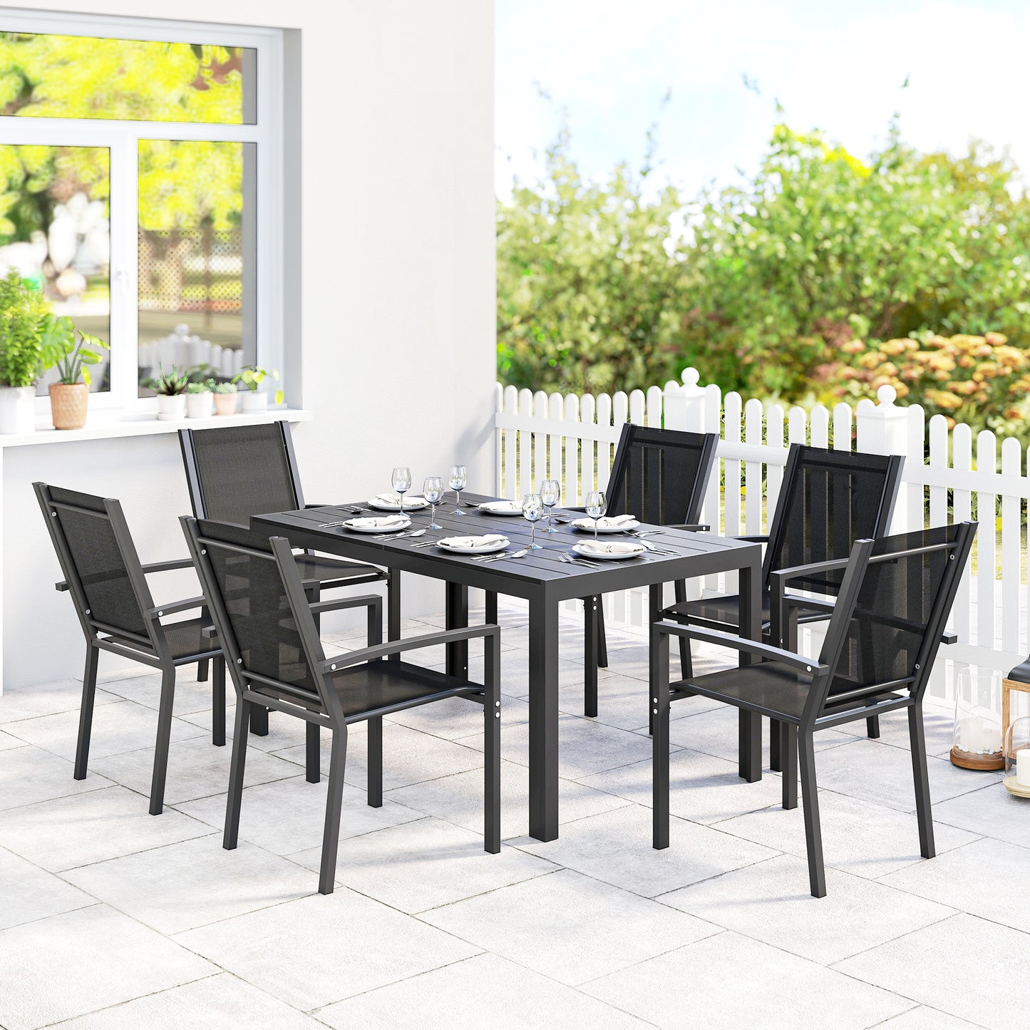 Garden Dining Set for 6, Outdoor Dining Table and Chairs, Black