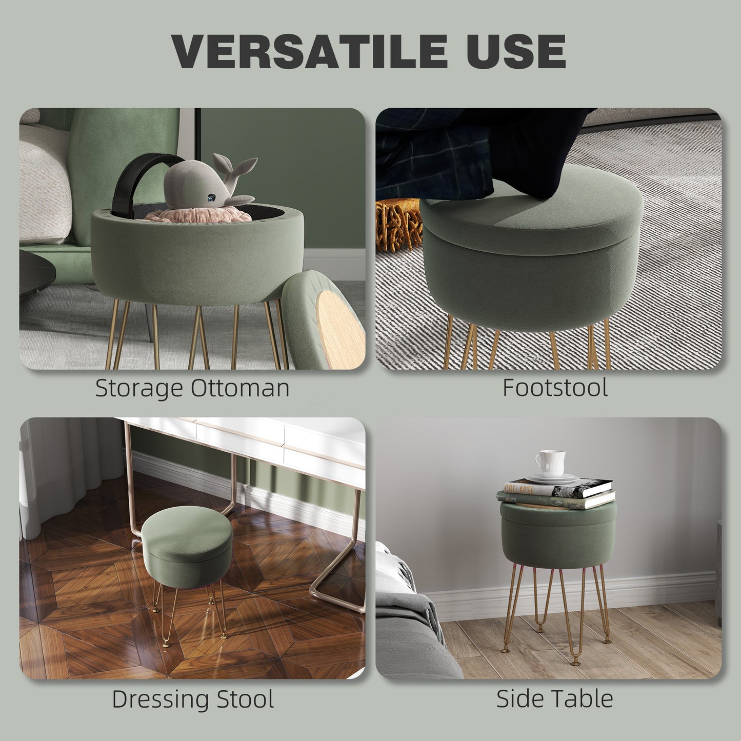 5L Velvet Footstool with Removable Lid for Bedroom, Green