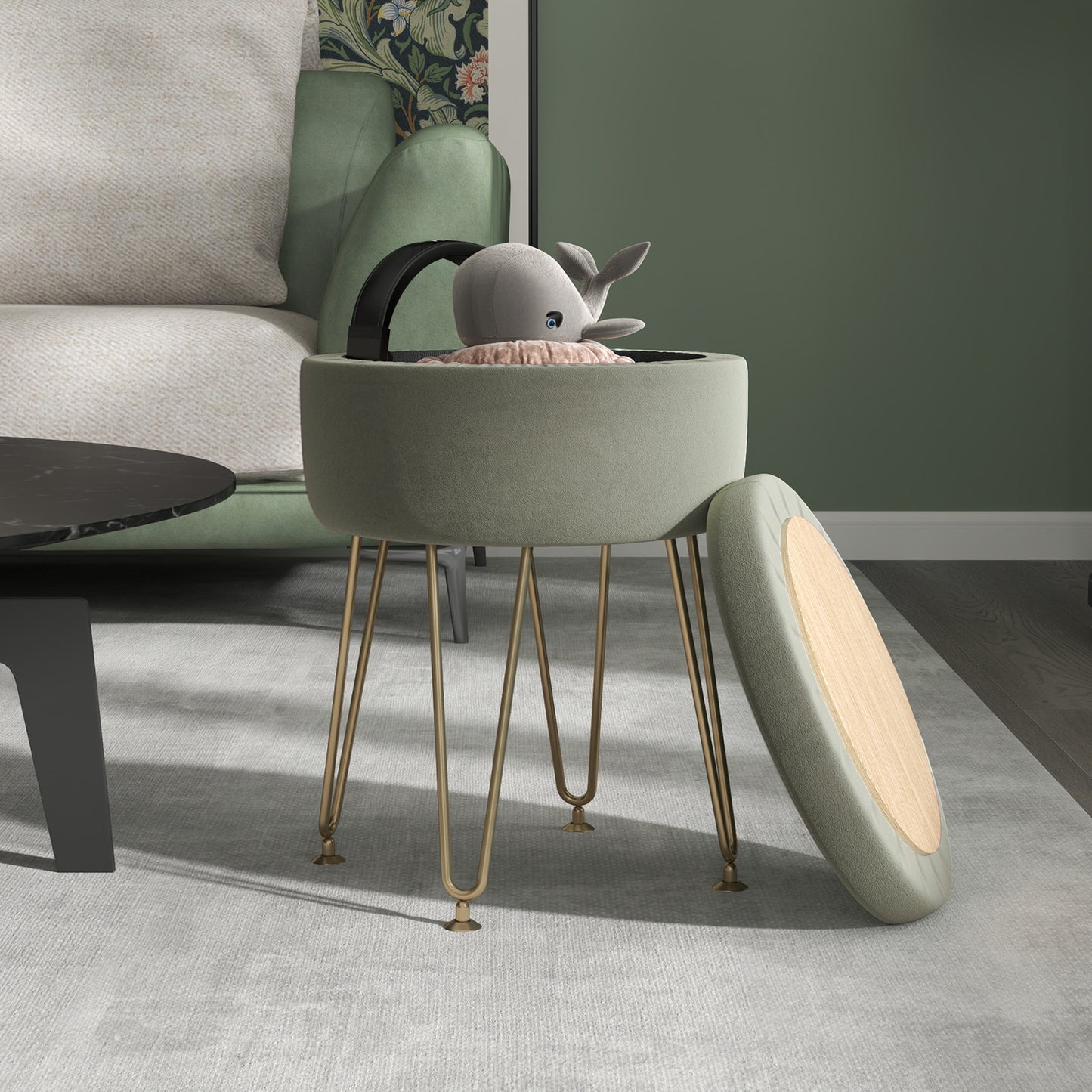5L Velvet Footstool with Removable Lid for Bedroom, Green