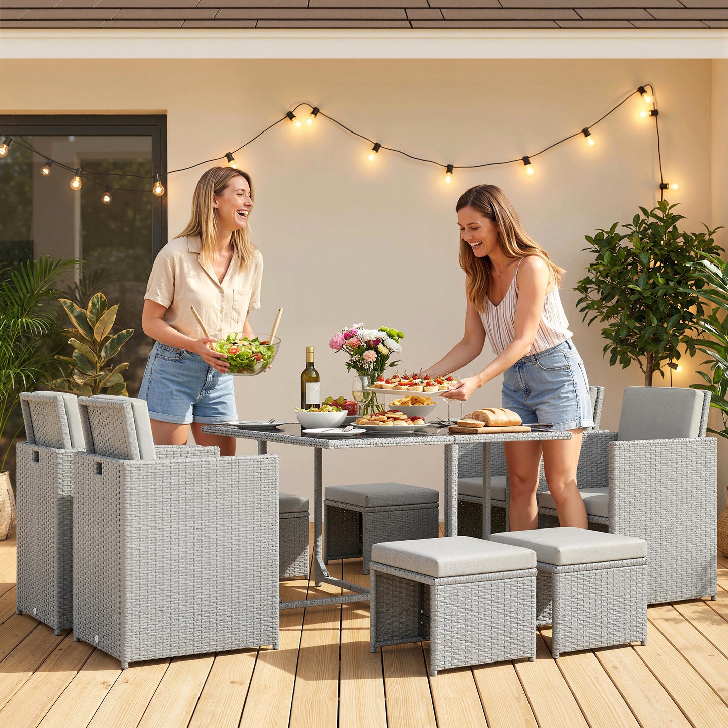 8 Seater Cube Rattan Garden Dining Set with Cushions, Light Grey