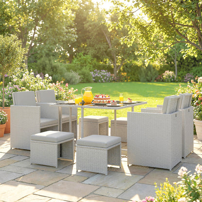 8 Seater Cube Rattan Garden Dining Set with Cushions, Light Grey