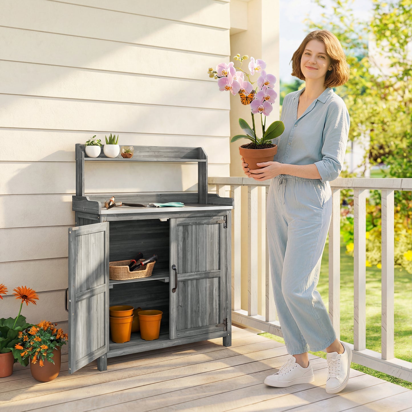 Wooden Potting Bench Table with Aluminium Worktop and Top Shelf