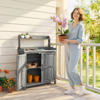 Wooden Potting Bench Table with Aluminium Worktop and Top Shelf
