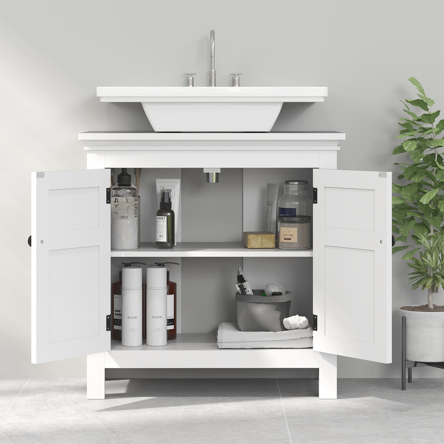 2-Tier Bathroom Sink Cabinet, Freestanding Storage Cabinet, White