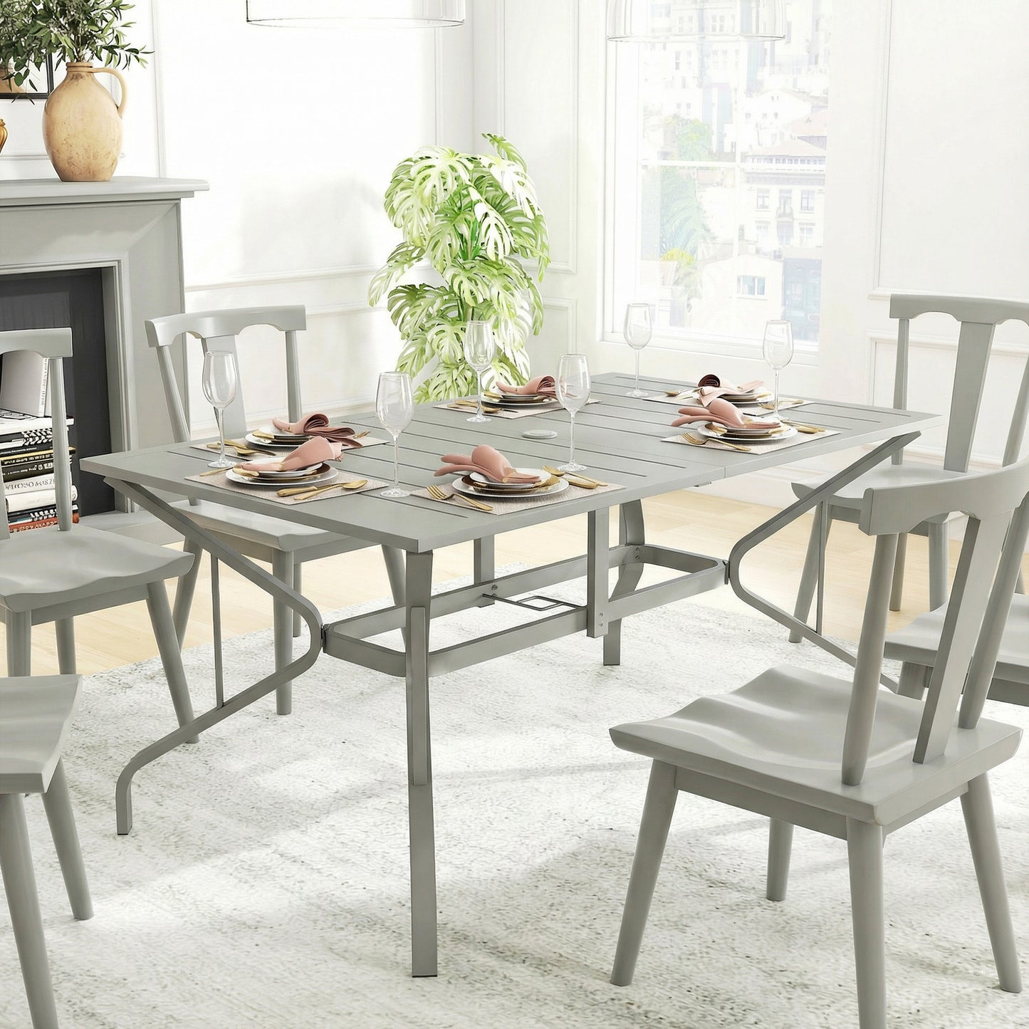Garden Dining Table with Steel Frame and Slatted Top, Light Grey