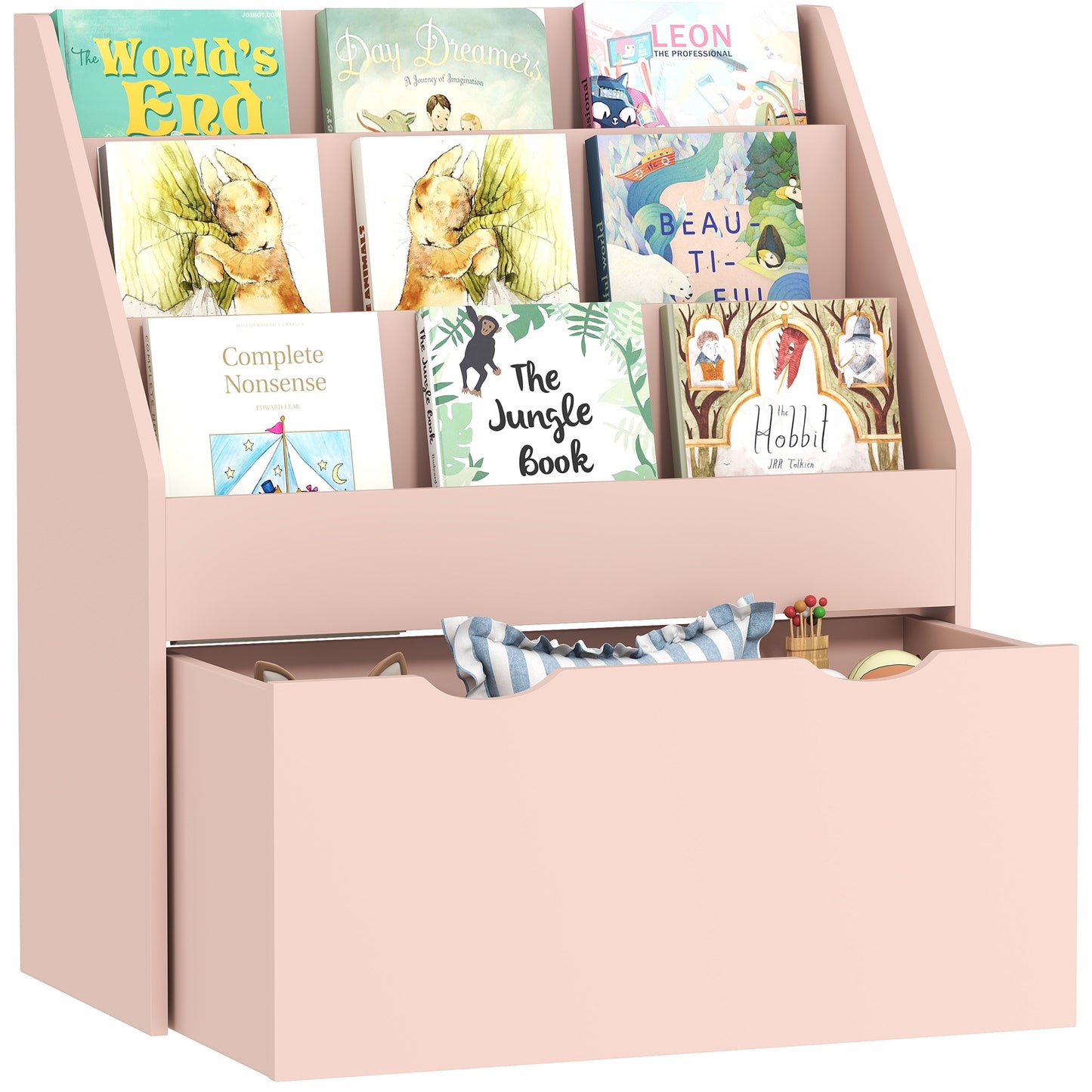 Kids Bookcase w/ 3 Tier Shelves, Drawer, for Bedroom, Nursery, Pink