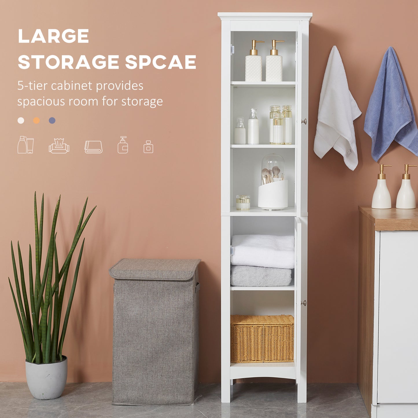 Tall Bathroom Cabinet with Adjustable Shelves, Double Door, White