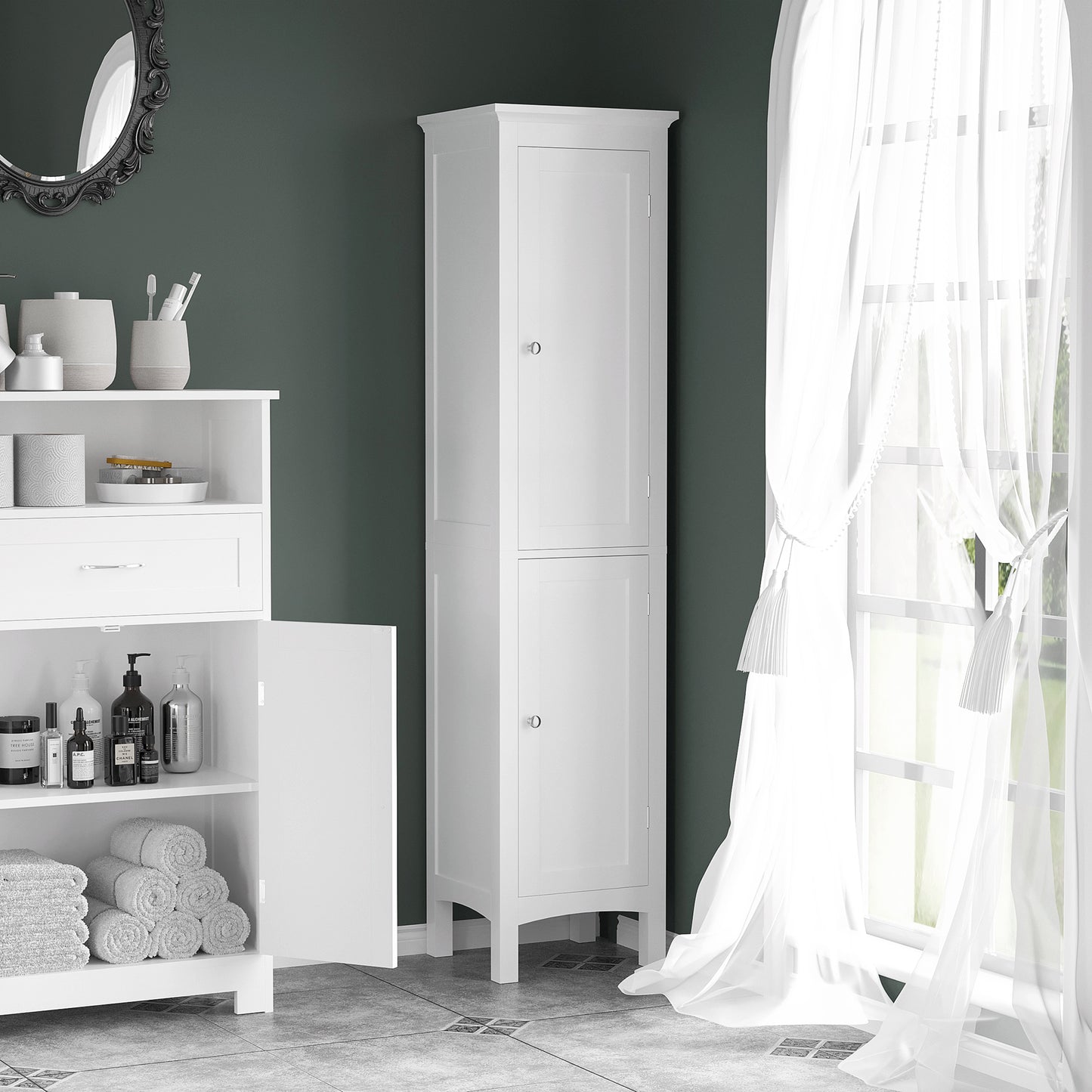 Tall Bathroom Cabinet with Adjustable Shelves, Double Door, White