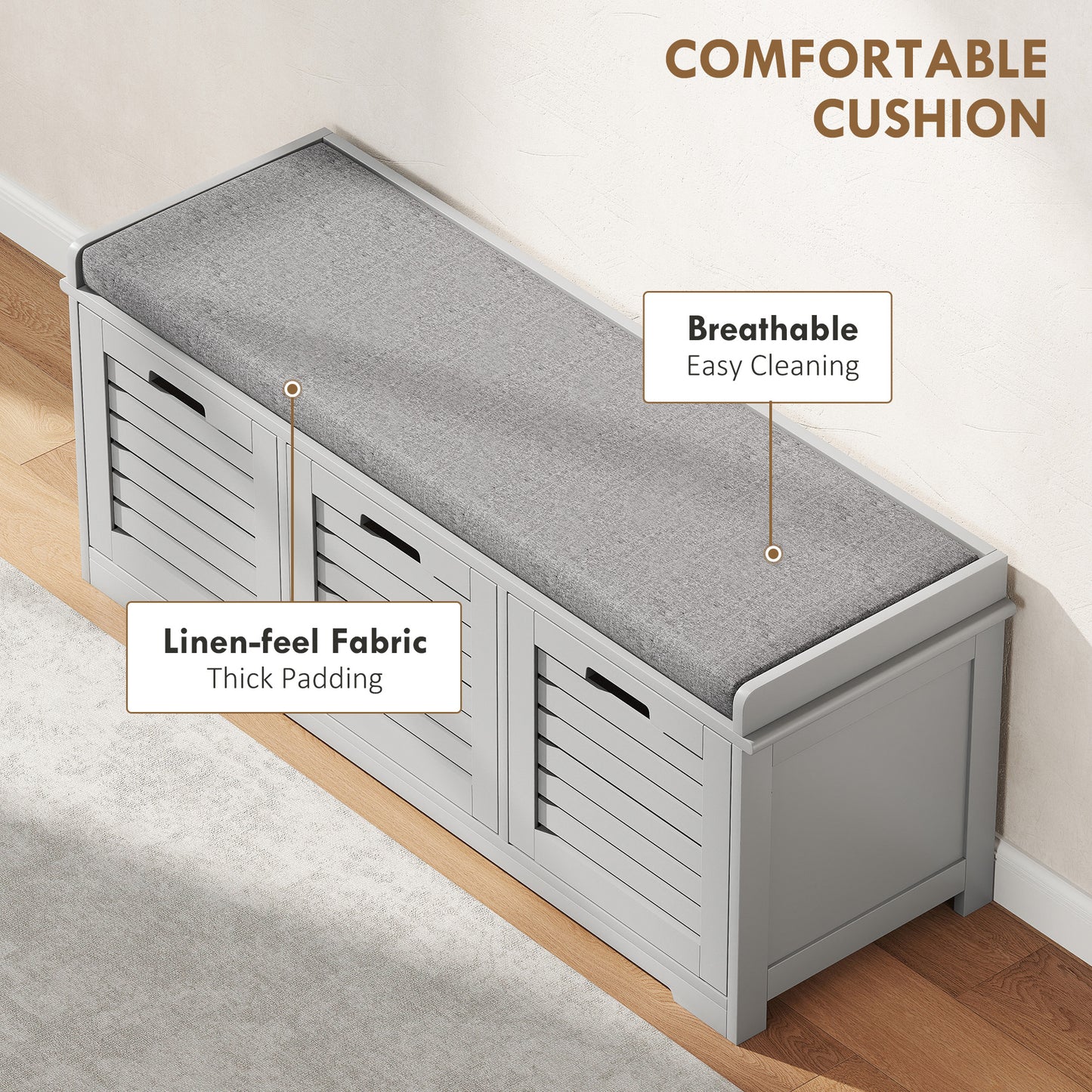 3-Door Shoe Storage Bench Cushion Seat Slatted Doors, Grey