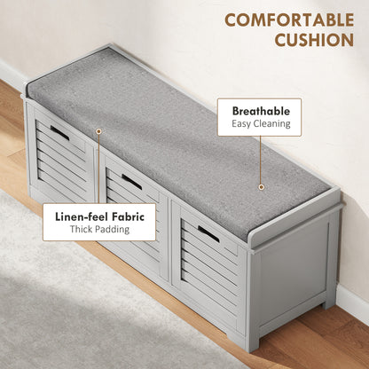 3-Door Shoe Storage Bench Cushion Seat Slatted Doors, Grey