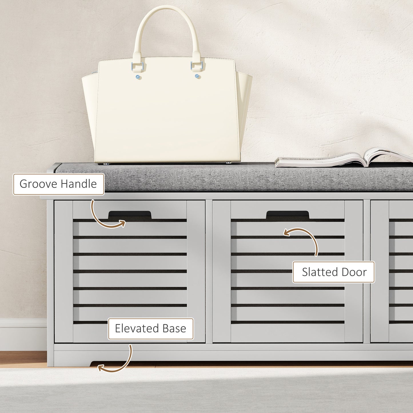3-Door Shoe Storage Bench Cushion Seat Slatted Doors, Grey