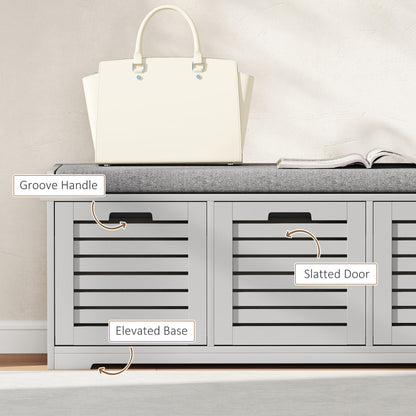 3-Door Shoe Storage Bench Cushion Seat Slatted Doors, Grey