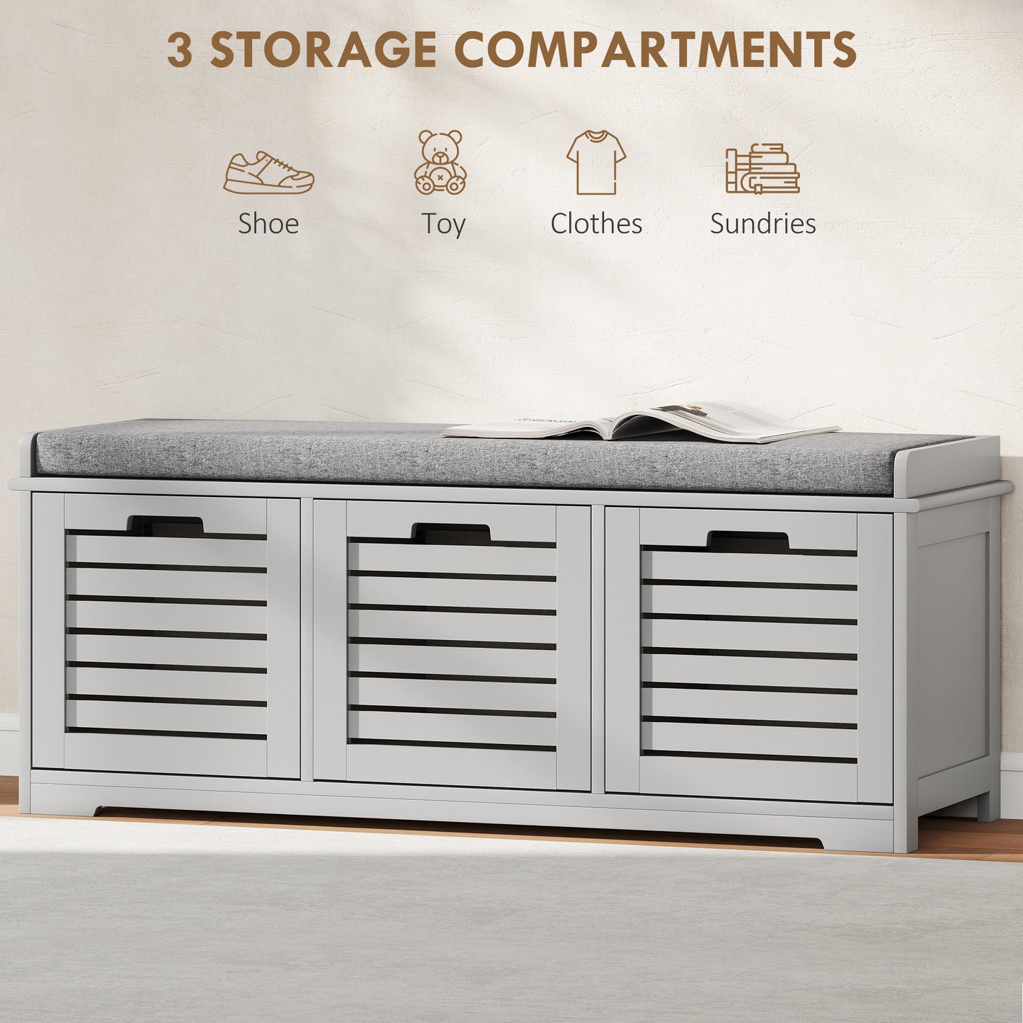 3-Door Shoe Storage Bench Cushion Seat Slatted Doors, Grey