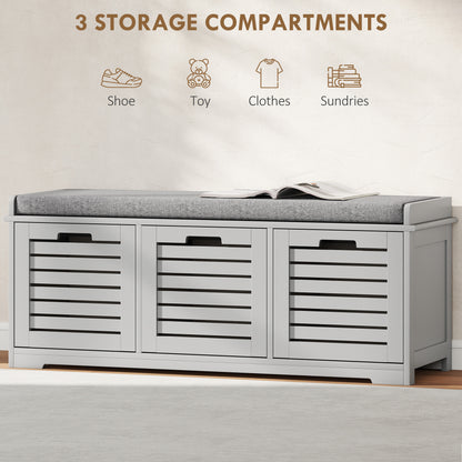 3-Door Shoe Storage Bench Cushion Seat Slatted Doors, Grey