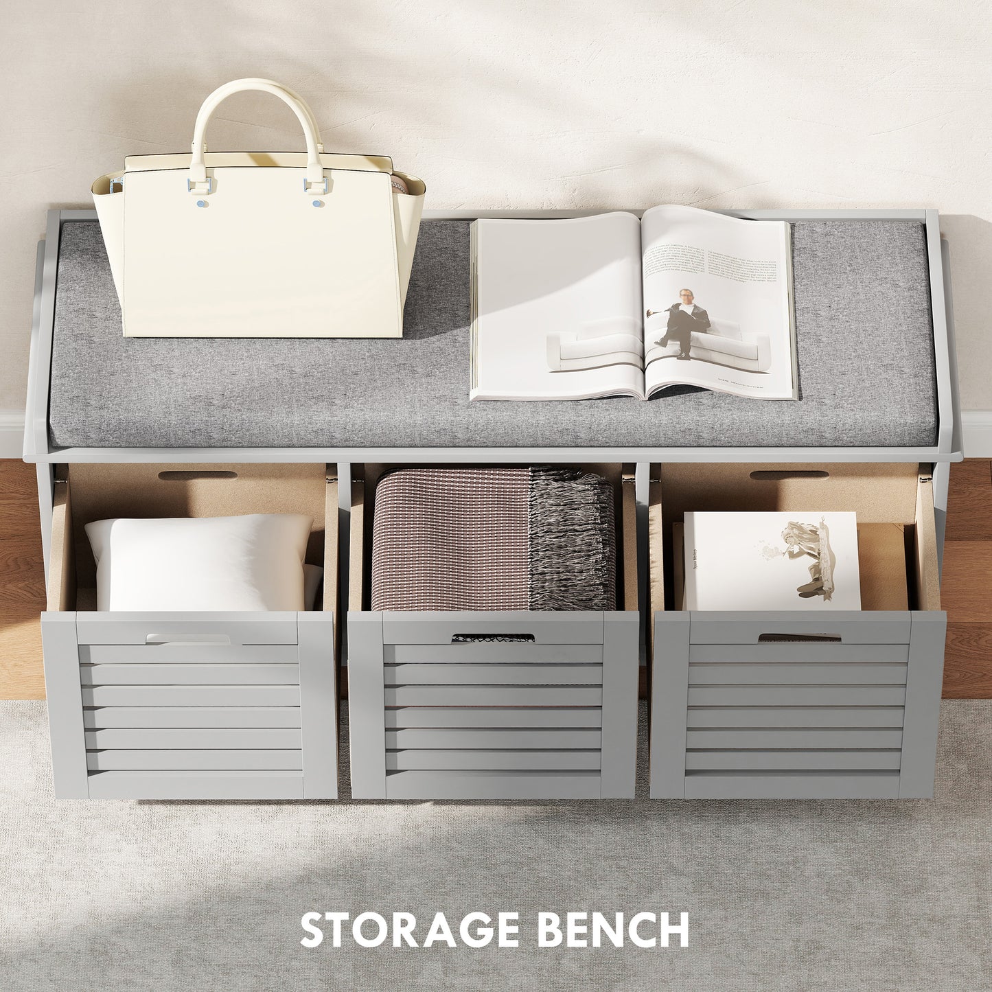 3-Door Shoe Storage Bench Cushion Seat Slatted Doors, Grey