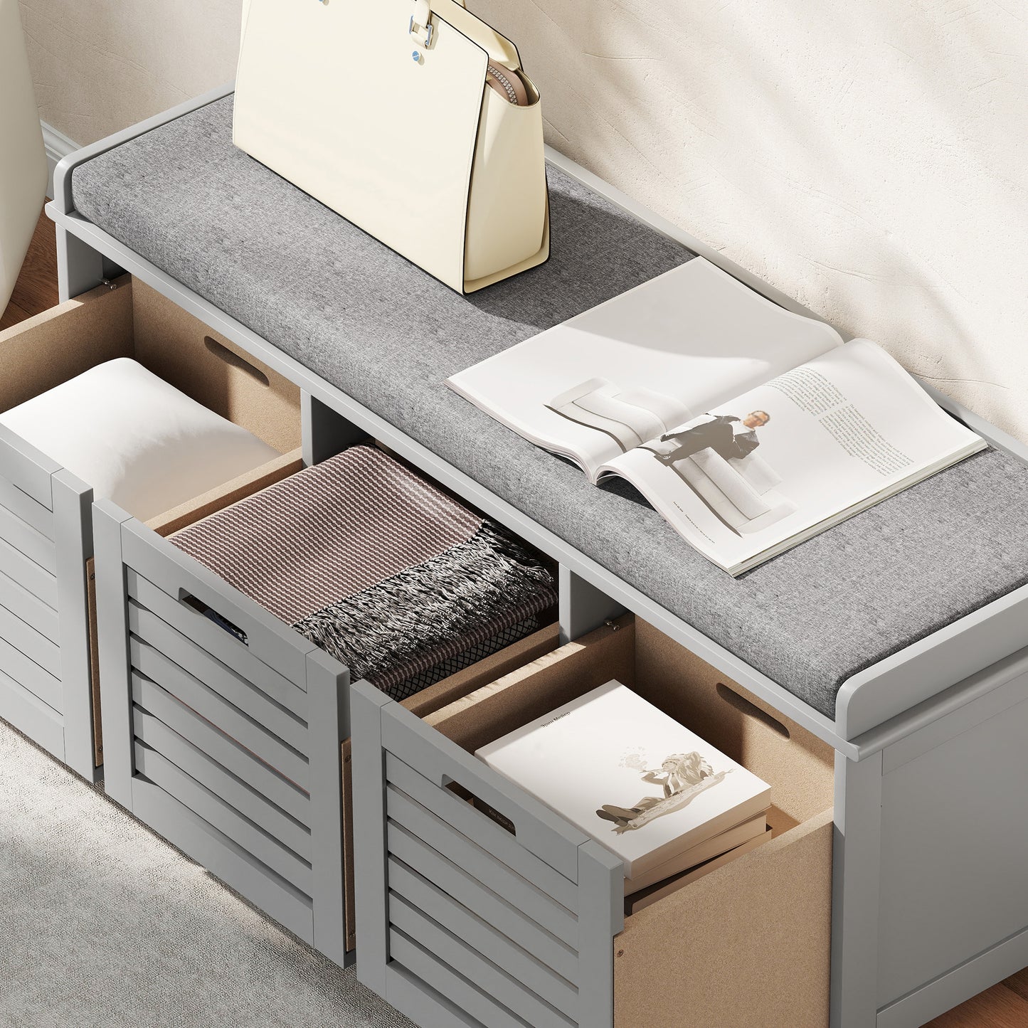 3-Door Shoe Storage Bench Cushion Seat Slatted Doors, Grey