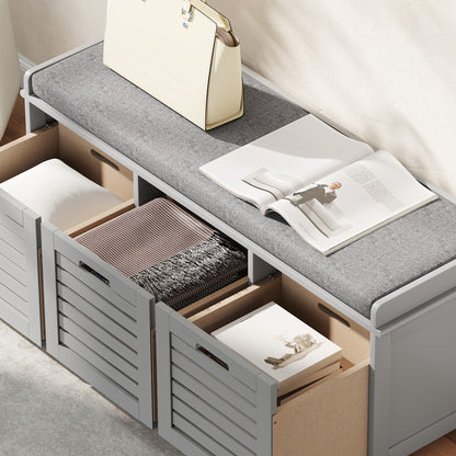 3-Door Shoe Storage Bench Cushion Seat Slatted Doors, Grey