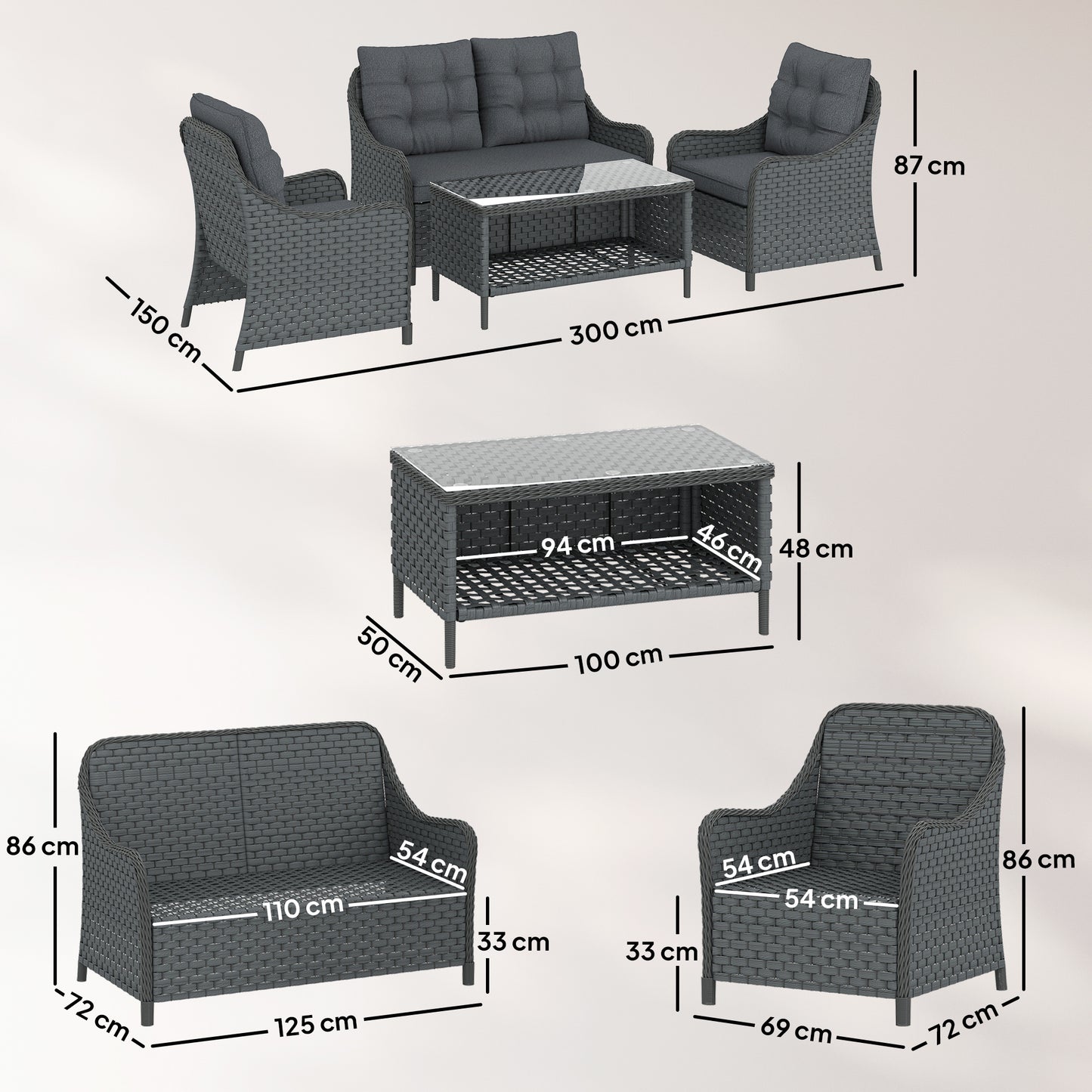 4 Piece Rattan Patio Furniture Set with Removable Cushion Covers