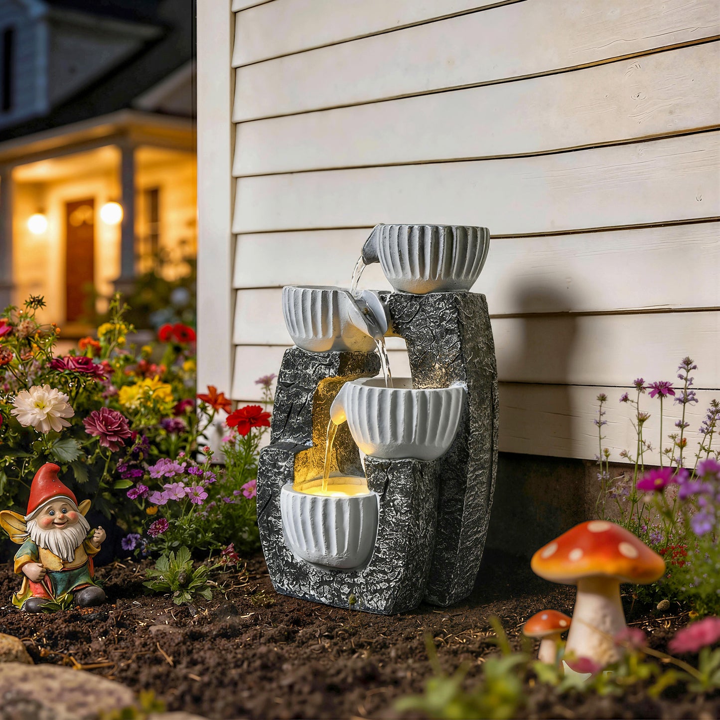 4-Tier Bowl Water Feature, Outdoor Water Fountain with LED Lights
