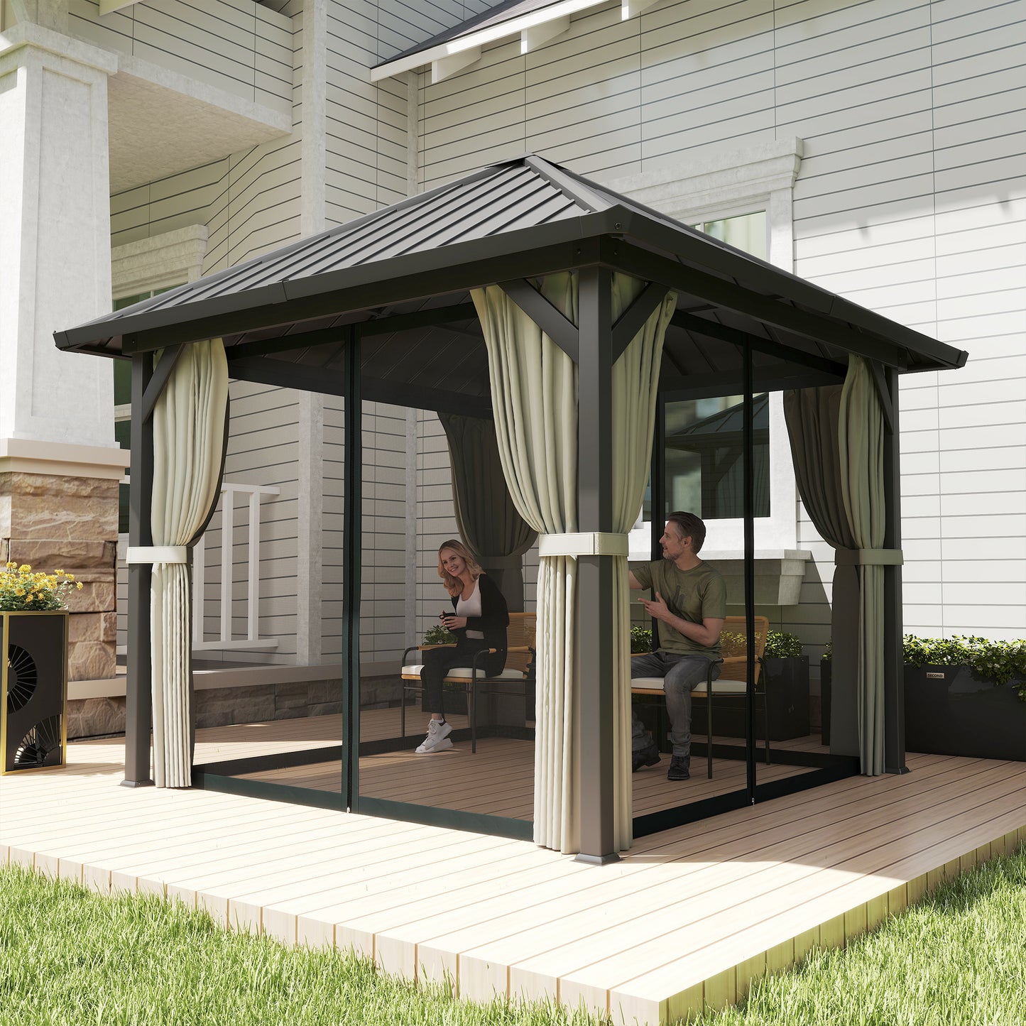 3 x 3(m) Metal Hardtop Gazebo with Netting and Curtains, Black