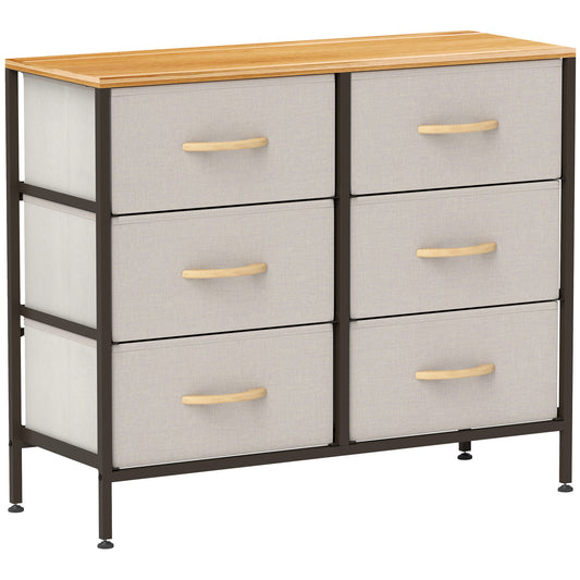 6 Drawer Fabric Chest of Drawers w/ Wooden Top for Hallway Cream