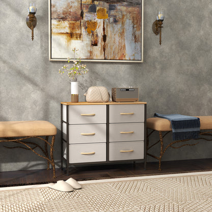 6 Drawer Fabric Chest of Drawers w/ Wooden Top for Hallway Cream