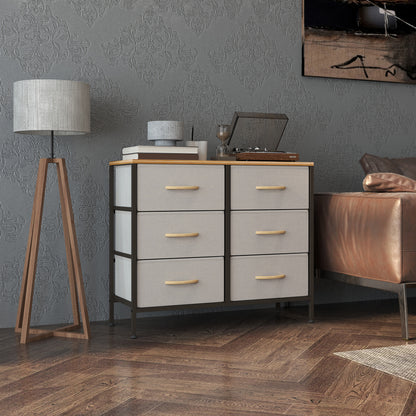 6 Drawer Fabric Chest of Drawers w/ Wooden Top for Hallway Cream
