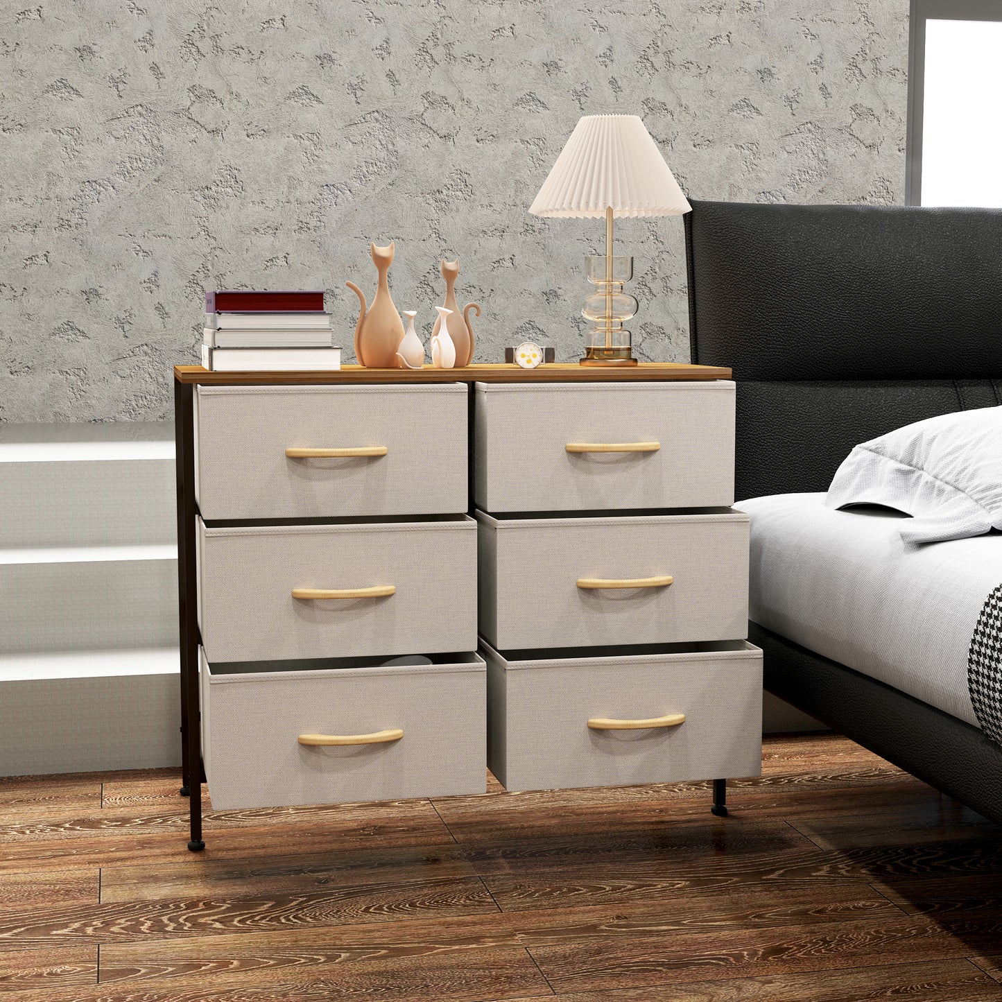 6 Drawer Fabric Chest of Drawers w/ Wooden Top for Hallway Cream