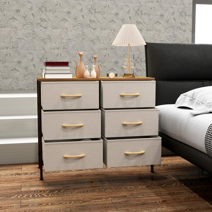 6 Drawer Fabric Chest of Drawers w/ Wooden Top for Hallway Cream