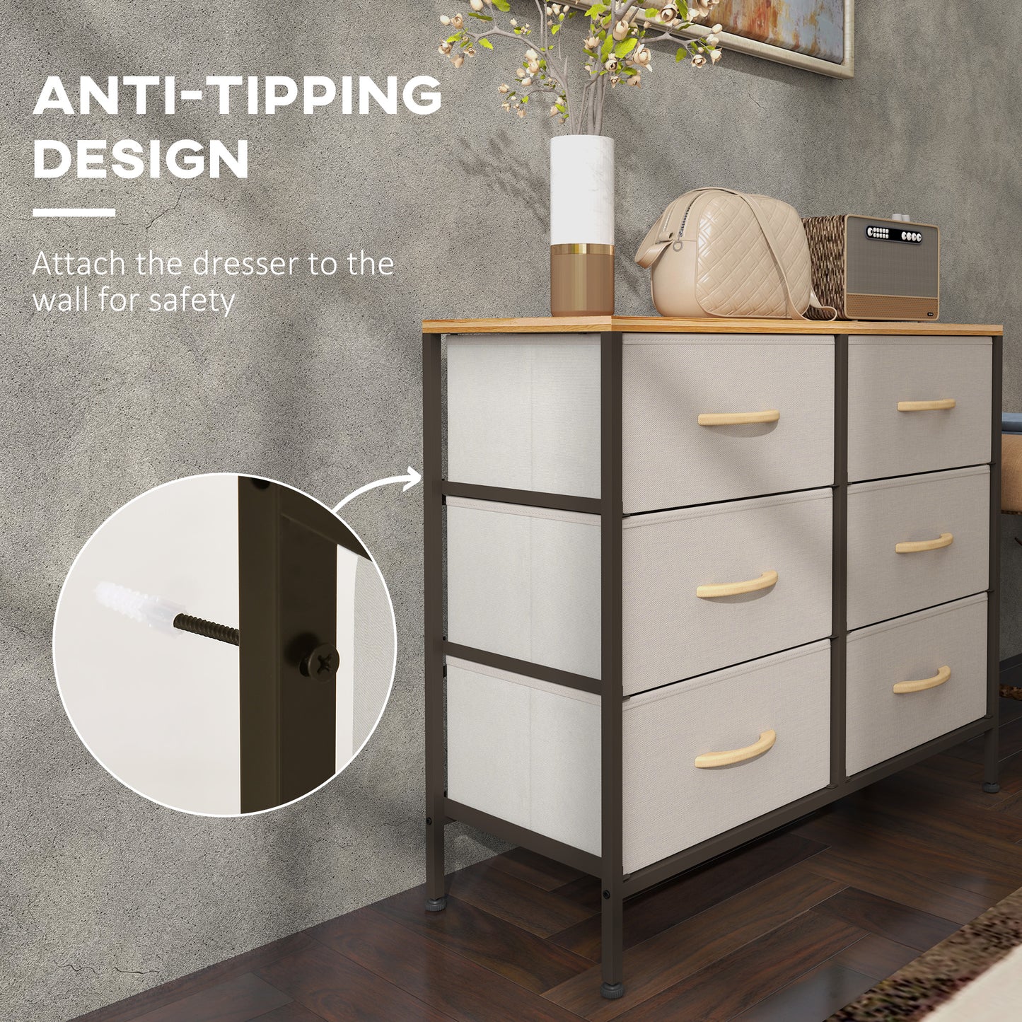 6 Drawer Fabric Chest of Drawers w/ Wooden Top for Hallway Cream