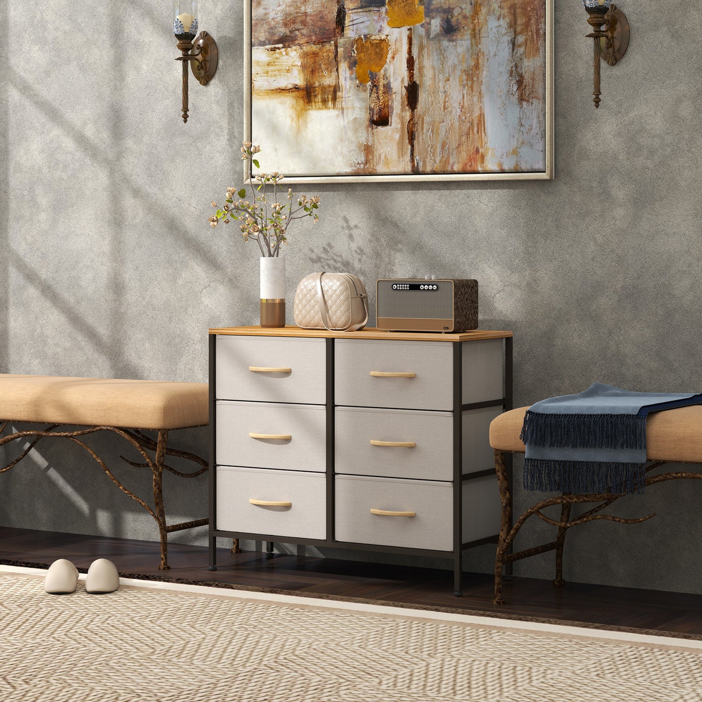 6 Drawer Fabric Chest of Drawers w/ Wooden Top for Hallway Cream