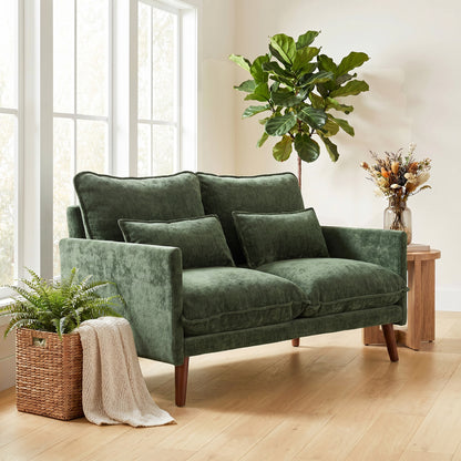 2 Seater Sofa, 131cm Velvet-Feel Fabric Loveseat Sofa with Spring Cushions, Wide and Deep Seat, Wood Legs, 2 Pillows, Modern Couch Settee for Small Space, Living Room, Bedroom, Office, Green