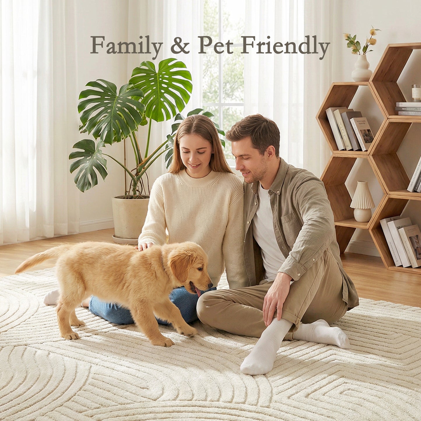 Modern Geometric Rug, Thick & Plush, Non-Slip, 200 x 140 cm – Cream