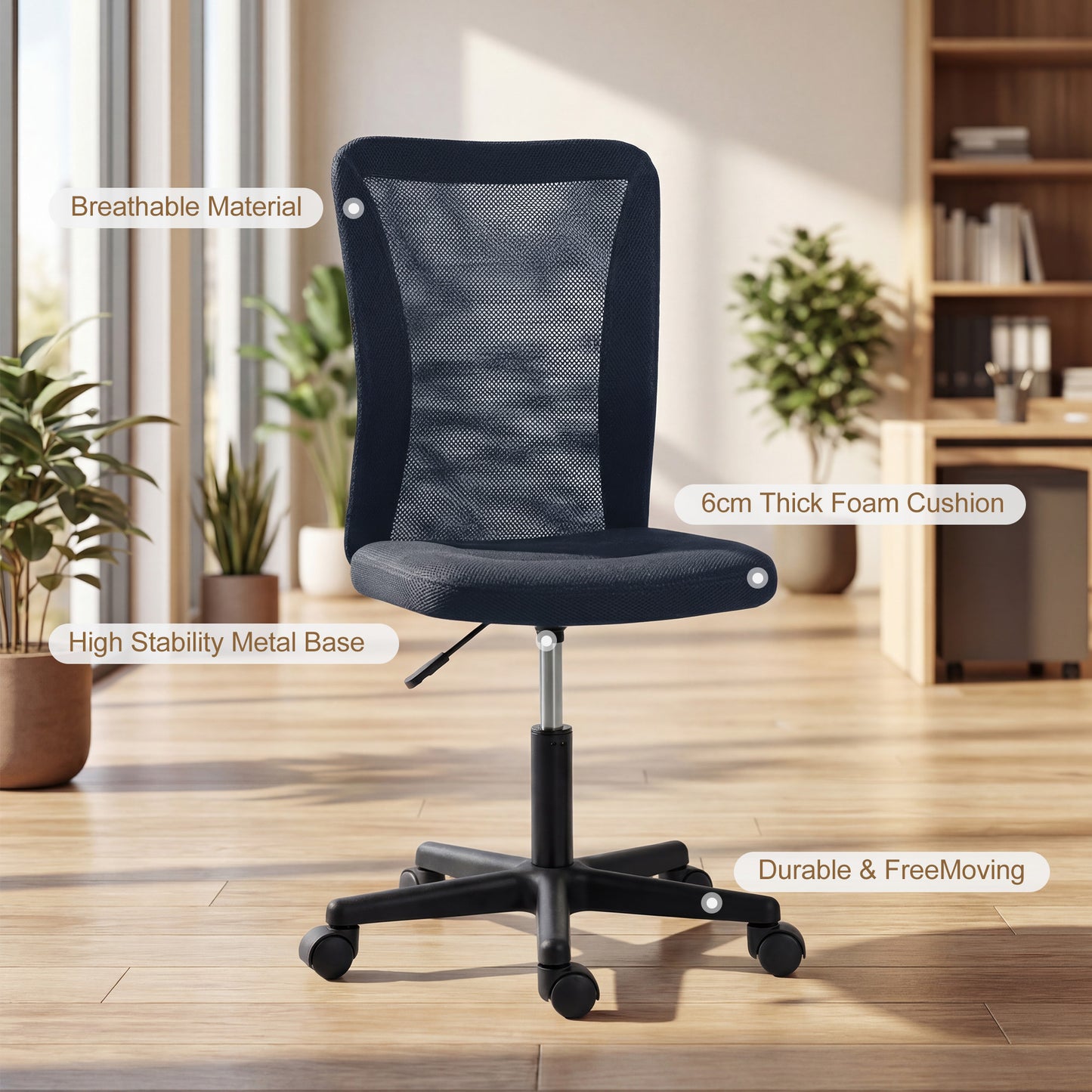 Vinsetto Armless Office Chair, Swivel Desk Chair w/ Adjustable Height