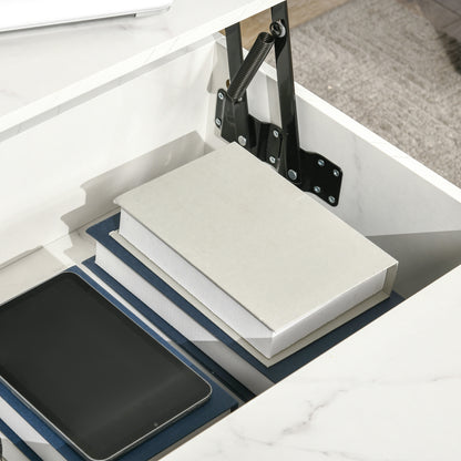 Modern Lifting Coffee Table with Hidden Compartment, Storage Coffee Table for Living Room, Faux Marble White