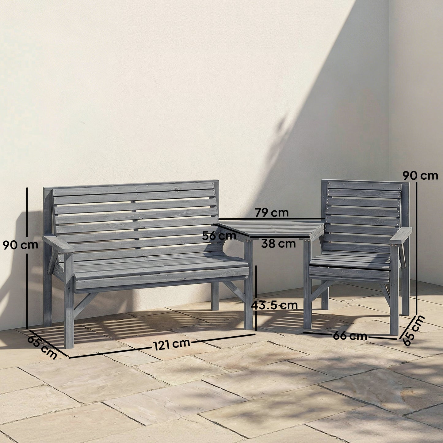 Wood Garden Furniture Set w/ Parasol Hole, Detachable Table, Grey