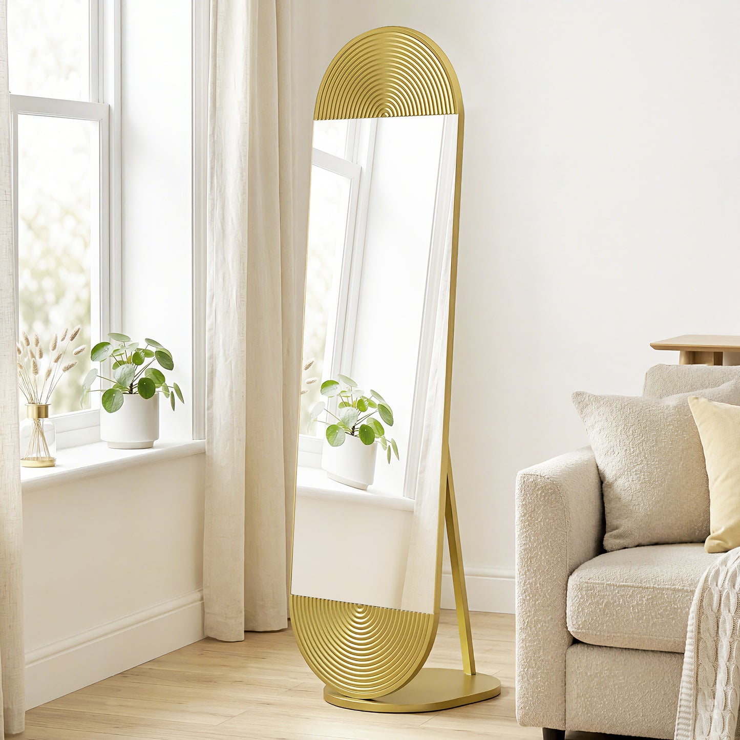 Wavy Full Length Mirror with Metal Frame and Base, Gold Tone